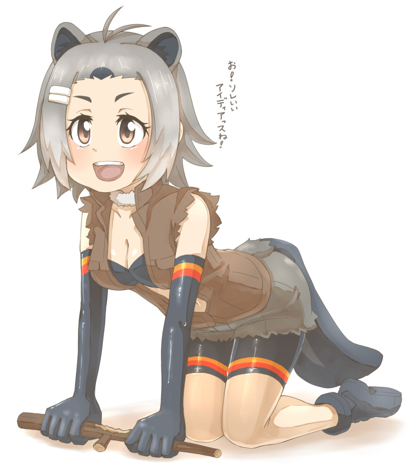 1girl :d all_fours american_beaver_(kemono_friends) animal_ears bare_legs bare_shoulders beaver_ears beaver_tail bike_shorts black_bra black_footwear black_gloves black_shorts bra breast_pocket breasts brown_eyes brown_vest cleavage commentary_request detached_collar elbow_gloves full_body fur_collar gloves grey_hair grey_shorts hair_ornament hairclip highres kemono_friends looking_afar medium_breasts navel open_mouth pocket shiny shiny_clothes shoes short_hair shorts shorts_under_shorts smile solo stomach tail tenya translated underwear upper_teeth vest