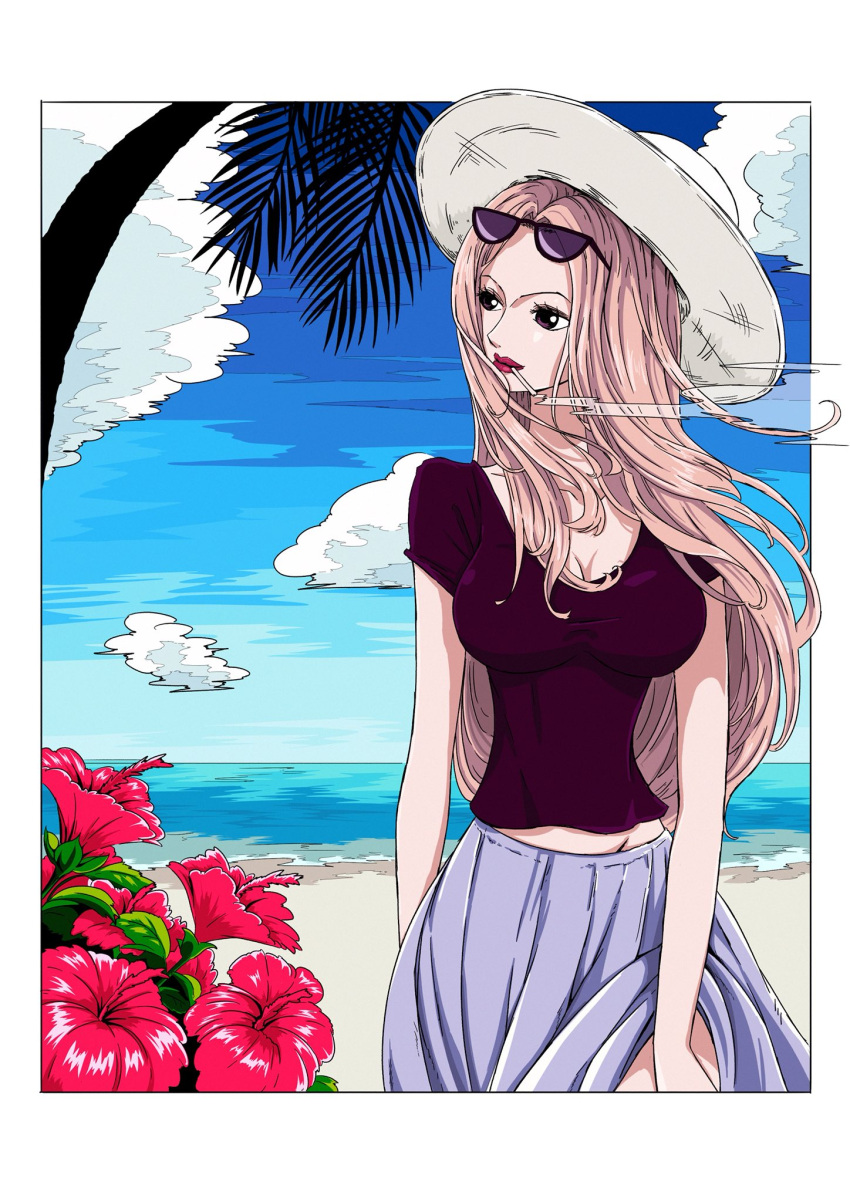 1girl beach black_eyes border breasts cigarette clouds cowboy_shot eyewear_on_head hat highres hina_(one_piece) large_breasts lips lipstick long_hair looking_to_the_side makeup ocean one_piece sarong sherumaru_(korcht06) shirt short_sleeves sky smoke smoking solo summer sunglasses t-shirt white_border white_hat