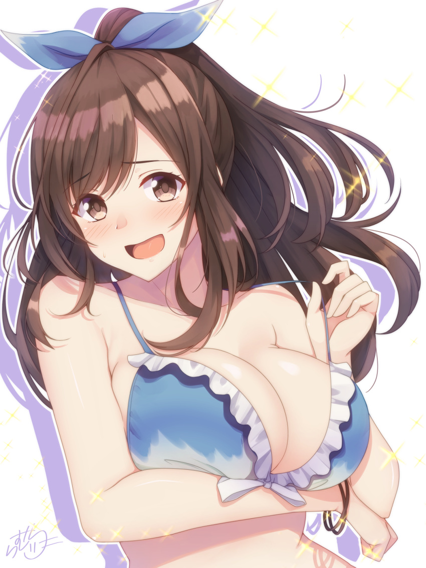 1girl bangs bikini blue_bikini blue_bow blush bow breasts brown_eyes brown_hair cleavage commentary_request eyebrows_visible_through_hair frilled_bikini frills hair_bow highres idolmaster idolmaster_shiny_colors large_breasts long_hair looking_at_viewer open_mouth ponytail ramchi solo sparkle swimsuit tsukioka_kogane upper_body white_background