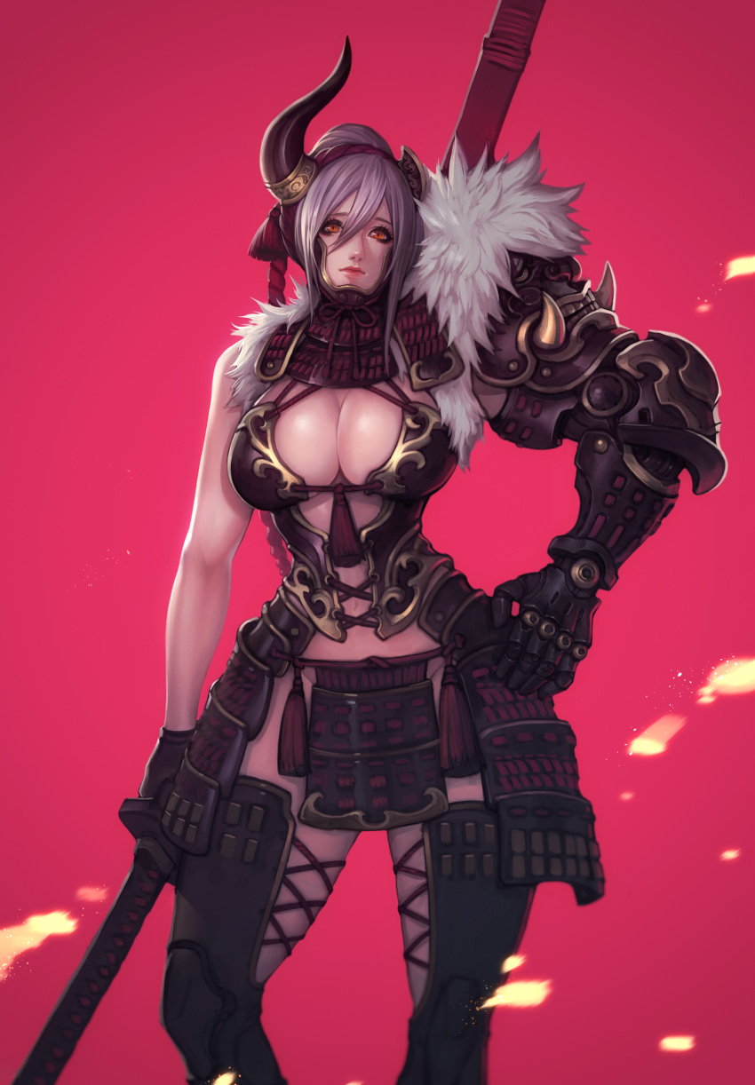 1girl absurdres black_gloves black_legwear breasts cleavage cowboy_shot cyborg fur_trim gauntlets gloves grey_hair groin hand_on_hip highres holding holding_sword holding_weapon horns katana large_breasts looking_at_viewer mecha_musume navel original pelvic_curtain pink_background sheath sheathed shoulder_armor standing sword tassel weapon wei_(kaminari0411)