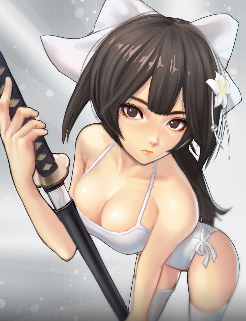 1girl absurdres azur_lane bangs breasts brown_eyes brown_hair closed_mouth commentary english_commentary flower hair_flower hair_ornament hat highres holding holding_sword holding_weapon jungon_kim looking_at_viewer short_hair solo sword takao_(azur_lane) weapon white_hat white_legwear