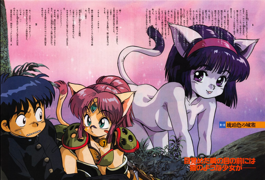 1girl 2girls 90s all_fours animal_ears aqua_eyes bell bell_collar breasts cat_ears cat_tail cleavage collar facial_mark high_ponytail kouryuu_densetsu_villgust long_hair looking_at_viewer medium_breasts multiple_girls nervous nishijima_katsuhiko nude official_art pauldrons redhead ryuquir_(villgust) school_uniform short_hair tail