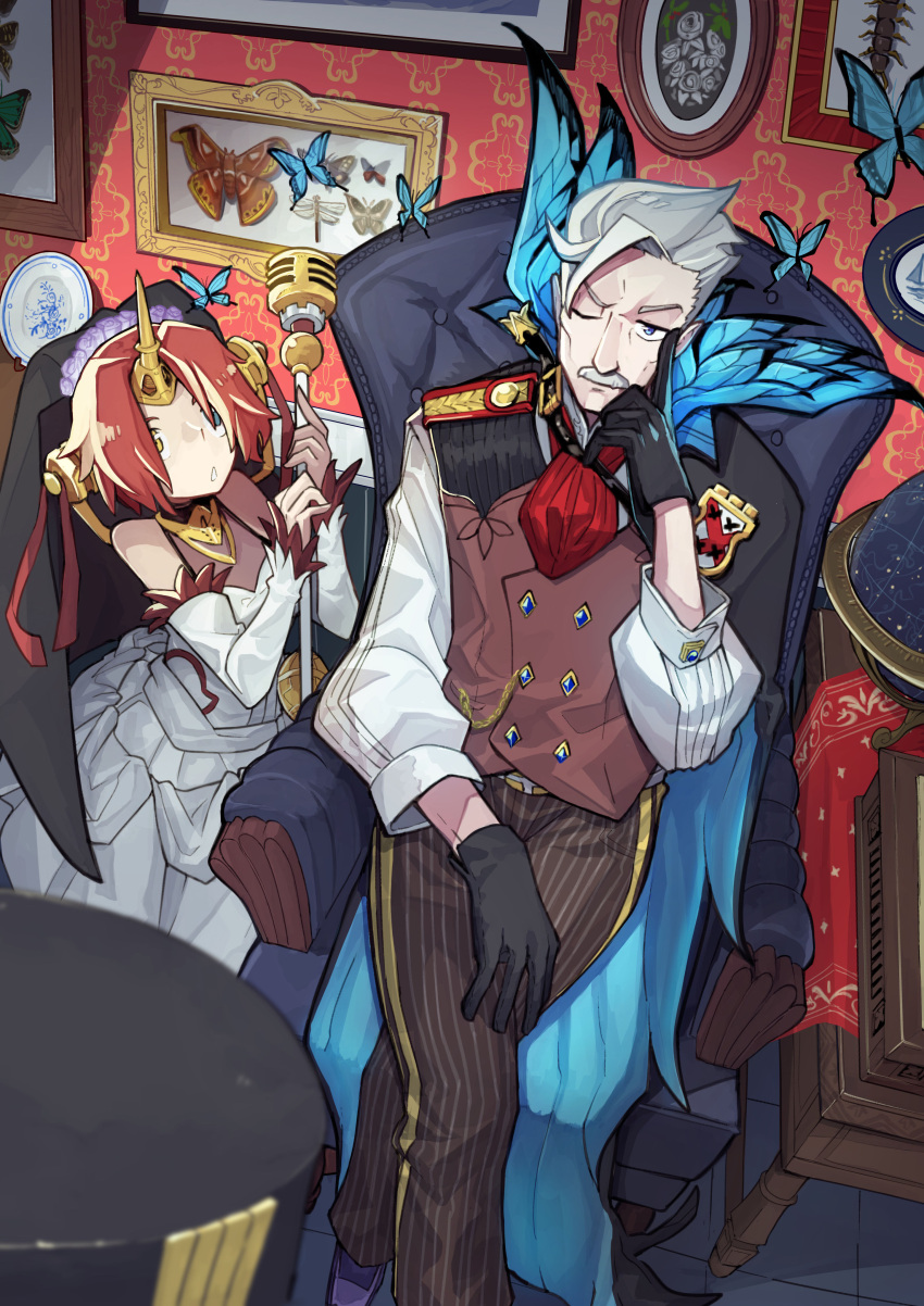 1boy 1girl absurdres animal armchair bangs bare_shoulders belt belt_buckle black_cape blue_eyes bridal_veil brown_pants buckle bug butterfly cape chair charles_babbage_(fate/grand_order) choker facial_hair fate/apocrypha fate/grand_order fate_(series) flower frankenstein's_monster_(fate) gloves grey_hair heterochromia highres holding holding_weapon horn insect james_moriarty_(fate/grand_order) mustache pants pink_hair rose sen-jou sitting veil weapon white_flower white_gloves white_rose