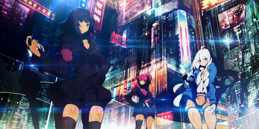 3girls ahoge black_hair blue_eyes c.c.r_(ccrgaoooo) cellphone city commentary cowboy_shot eyebrows_visible_through_hair heterochromia highres holographic_monitor long_hair looking_at_viewer multicolored_hair multiple_girls night original phone ponytail redhead science_fiction short_hair shorts single_thighhigh smartphone smile thigh-highs two-tone_hair umbrella violet_eyes white_hair