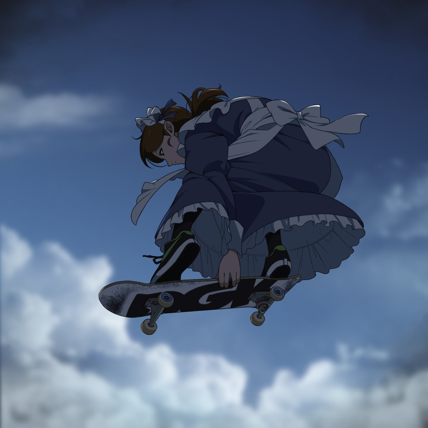 1girl apron brown_hair highres maid maid_apron maid_headdress original ponytail shoes skateboard skateboarding sky sneakers solo suzushiro_(suzushiro333)