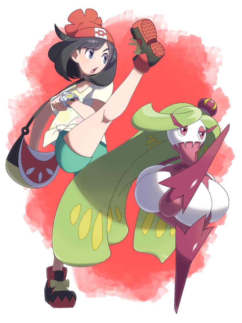 1girl bag bangs bare_arms beanie black_hair blue_eyes bob_cut bracelet eyebrows eyelashes floral_print gen_7_pokemon green_shorts handbag hat highres jewelry kicking kneepits leg_up midoko mizuki_(pokemon) open_mouth poke_ball_theme pokemon pokemon_(creature) pokemon_(game) pokemon_sm red_hat shirt shoes short_hair short_sleeves shorts sneakers standing standing_on_one_leg swept_bangs t-shirt tied_shirt tongue tsareena yellow_shirt z-ring