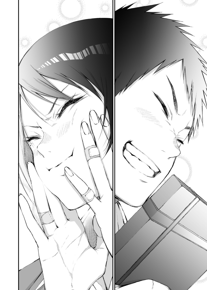 1boy 1girl bandaid bandaid_on_finger bangs blush box closed_eyes closed_mouth comic fuji_izumi gift gift_box greyscale grin hands_on_own_cheeks hands_on_own_face highres monochrome original puffed_cheeks shida_yuudai shiny shiny_hair smile split_screen swept_bangs upper_body valentine vice_(kuronekohadokoheiku)