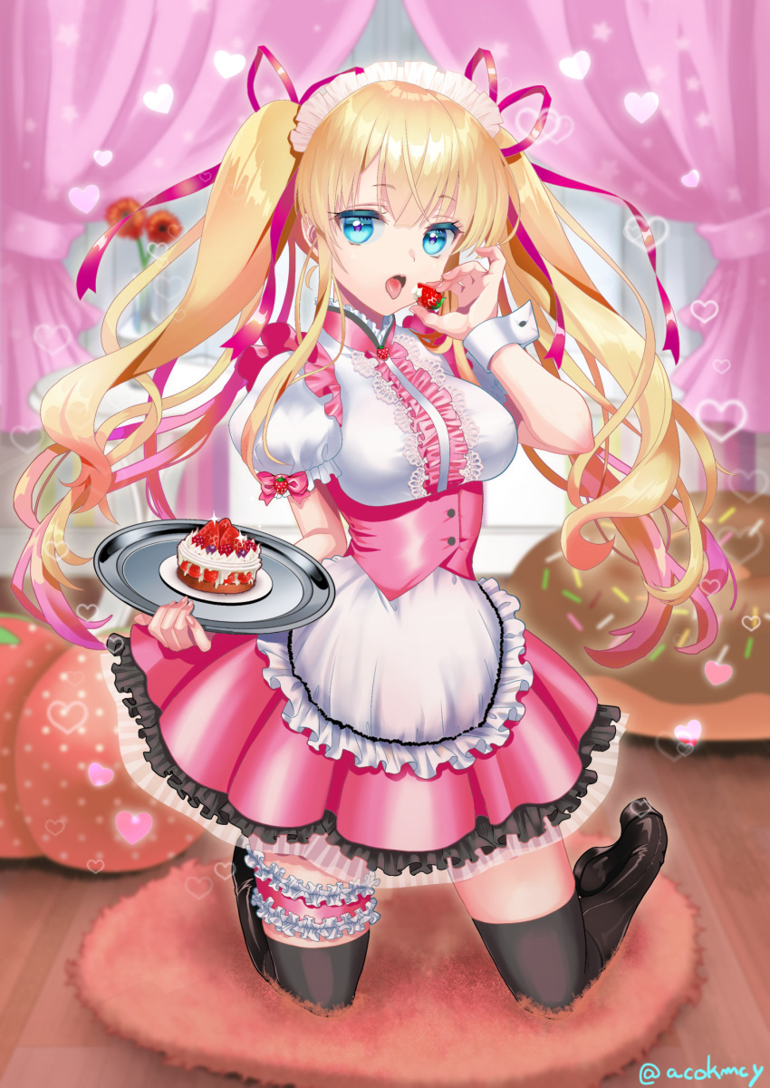 1girl apron bangs bed black_footwear black_legwear blonde_hair blue_eyes blurry blurry_background boots breasts cake canopy_bed center_frills commentary_request cream depth_of_field eyebrows_visible_through_hair flower food frilled_apron frilled_skirt frills fruit hair_between_eyes hair_ribbon heart highres holding holding_food holding_tray indoors knee_boots kneeling kumehara_chiyota leg_garter long_hair maid maid_headdress medium_breasts open_mouth original pink_ribbon pink_skirt pleated_skirt puffy_short_sleeves puffy_sleeves red_flower ribbon shirt short_sleeves sidelocks skirt solo strawberry striped thigh-highs thighhighs_under_boots tongue tongue_out tray twintails twitter_username underbust vase vertical_stripes very_long_hair waist_apron white_apron white_shirt wooden_floor