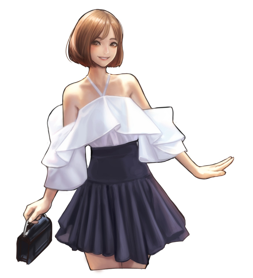 1girl absurdres bag bare_shoulders blush breasts brown_hair commentary_request dress handbag highres holding jungon_kim looking_at_viewer multicolored multicolored_clothes multicolored_dress open_mouth original short_hair smile solo white_background