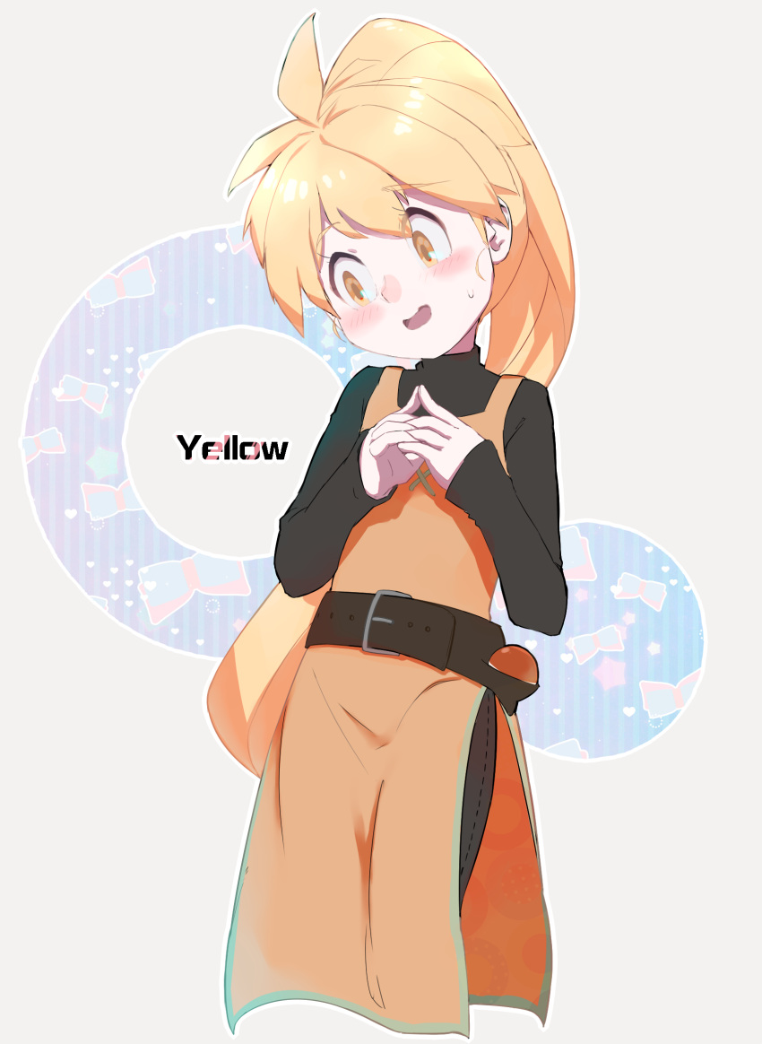 1girl :d bangs belt belt_buckle black_belt blonde_hair blush buckle character_name dress eyebrows eyebrows_visible_through_hair eyes_visible_through_hair flat_chest hands_together high_ponytail highres interlocked_fingers long_hair long_sleeves looking_away looking_down nyonn24 open_mouth orange_dress pokemon pokemon_special sleeves_past_wrists smile solo sweatdrop teeth tongue yellow_(pokemon) yellow_eyes