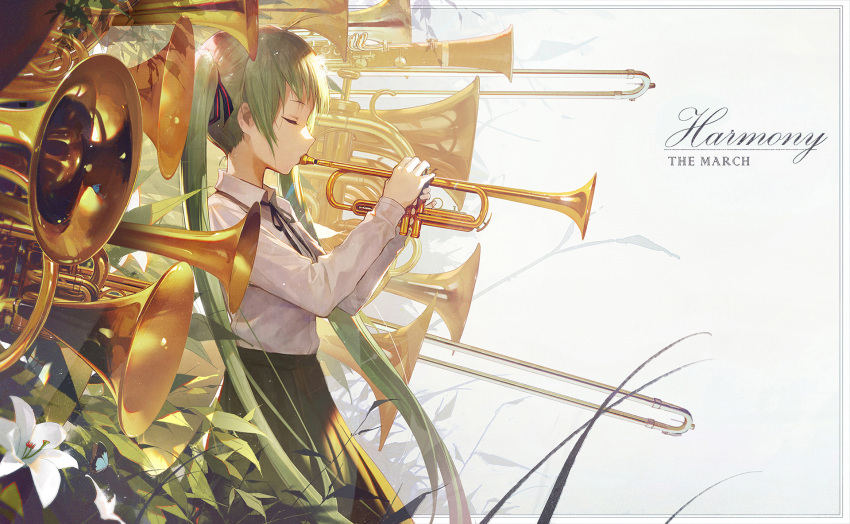 1girl bangs closed_eyes flower from_side green_hair hair_ribbon hatsune_miku highres instrument kieed long_hair music playing_instrument ribbon skirt solo trumpet twintails very_long_hair vocaloid white_background