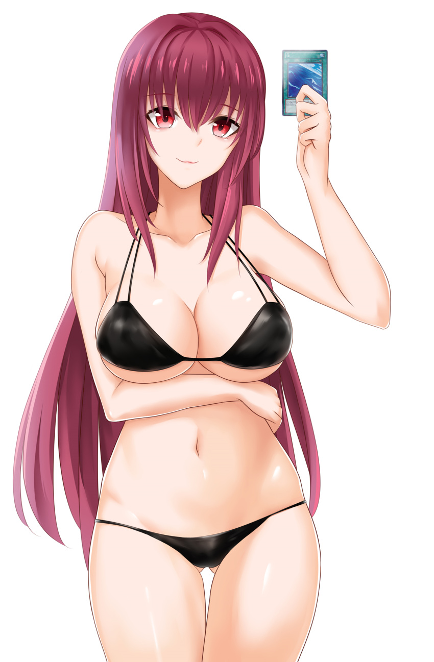 1girl bikini black_bikini breasts byakuyayayayaya card cleavage collarbone fate/grand_order fate_(series) groin highres holding holding_card large_breasts long_hair looking_at_viewer navel purple_hair scathach_(fate/grand_order) smile solo swimsuit thigh_gap violet_eyes white_background yu-gi-oh!