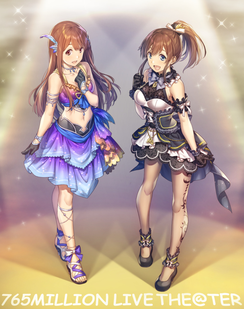2girls absurdres black_gloves blue_eyes blush breasts brown_eyes brown_hair commentary_request copyright_name dress feathers full_body gloves hair_feathers hairband highres idolmaster idolmaster_million_live! jewelry long_hair looking_at_viewer medium_breasts midriff multiple_girls nanaran navel open_mouth ponytail satake_minako smile tanaka_kotoha