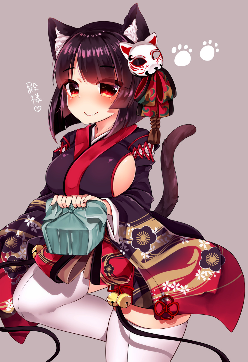 1girl absurdres animal_ears azur_lane bangs bell black_kimono blush breasts brown_background brown_hair cat_ears cat_girl cat_mask cat_tail chiitamu closed_mouth commentary_request eyebrows_visible_through_hair fang fang_out fingernails floral_print heart highres japanese_clothes jingle_bell kimono large_breasts long_sleeves mask mask_on_head obentou print_kimono red_eyes short_hair short_kimono sideboob simple_background smile solo tail thigh-highs white_legwear wide_sleeves yamashiro_(azur_lane)