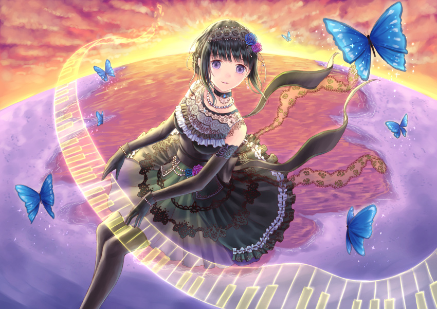 1girl absurdres bang_dream! bangs black_choker black_dress black_gloves black_legwear blue_butterfly blue_flower blue_rose bracelet bug butterfly choker dress dusk elbow_gloves floating flower frilled_dress frills gloves hair_bun hair_flower hair_ornament hair_up hairband highres insect instrument jewelry lace lolita_hairband music necklace pantyhose parted_lips pearl_necklace piano_keys planet playing_instrument purple_flower purple_rose ribbon-trimmed_dress rose sash shirokane_rinko sidelocks smile solo tobychou violet_eyes