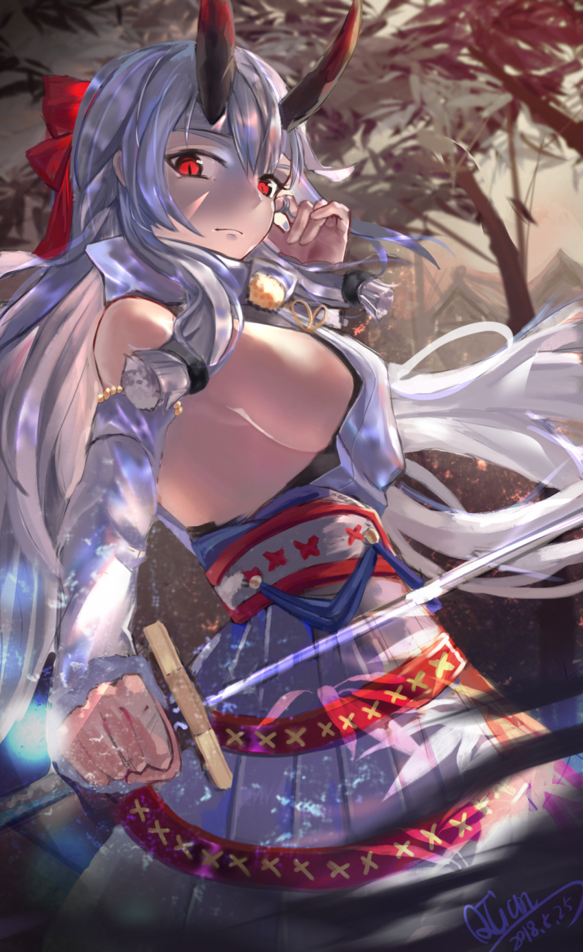 1girl bare_shoulders breasts dated detached_sleeves fate/grand_order fate_(series) from_side grey_hair highres holding holding_sword holding_weapon horns katana large_breasts lm520lm520 long_hair looking_at_viewer red_eyes sideboob signature skirt solo sword tomoe_gozen_(fate/grand_order) weapon