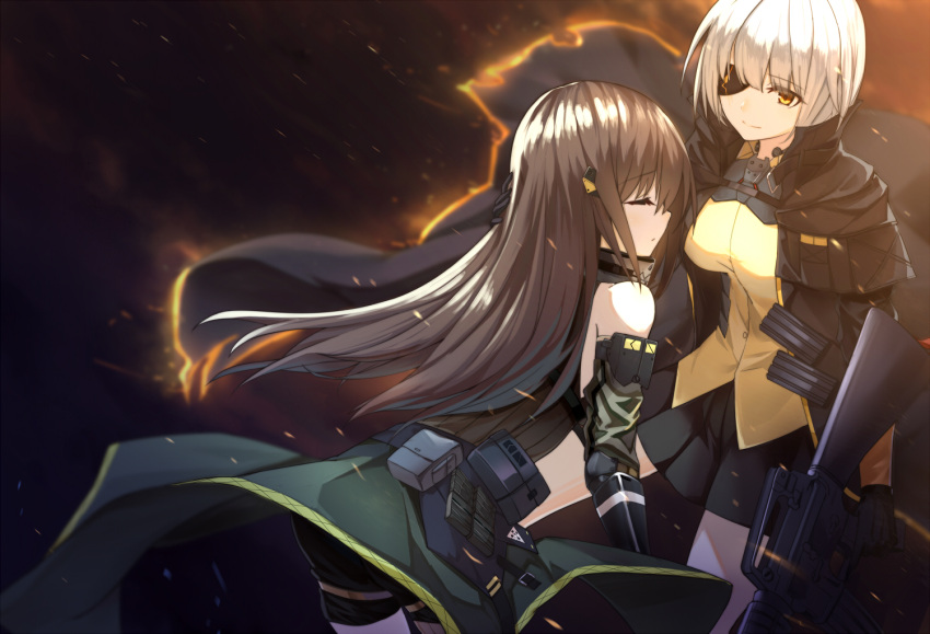 2girls arm_strap assault_rifle bandanna bangs bare_shoulders black_jacket black_skirt brown_hair closed_eyes clothes_around_waist commentary_request detached_sleeves digi-mind_update_(girls_frontline) elbow_pads embers eyebrows_visible_through_hair eyepatch girls_frontline gun holding holding_gun holding_weapon jacket jacket_around_waist light_smile long_hair m16 m16a1_(girls_frontline) m4a1_(girls_frontline) mag_(mag42) magazine_(weapon) multiple_girls pouch ribbed_sweater rifle sangvis_ferri shirt siblings sisters skirt spoilers sweater sweater_vest trigger_discipline weapon white_hair yellow_eyes yellow_shirt