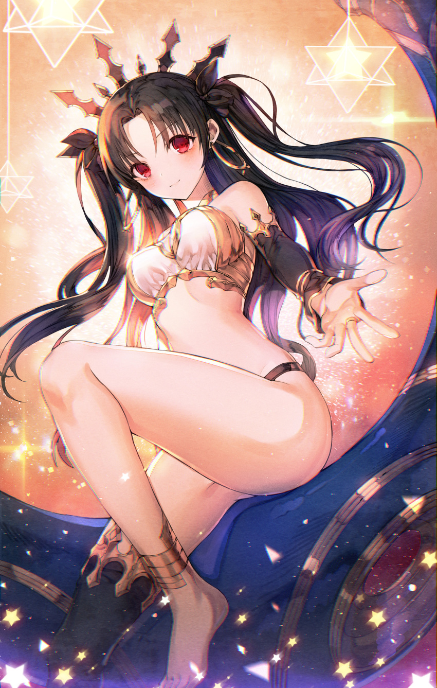 1girl absurdres anklet arm_warmers bare_legs black_hair closed_mouth cropped_legs crown earrings fate/grand_order fate_(series) highres hoop_earrings ishtar_(fate/grand_order) jewelry kh_(kh_1128) long_hair looking_at_viewer red_eyes single_thighhigh smile solo star thigh-highs tohsaka_rin two_side_up