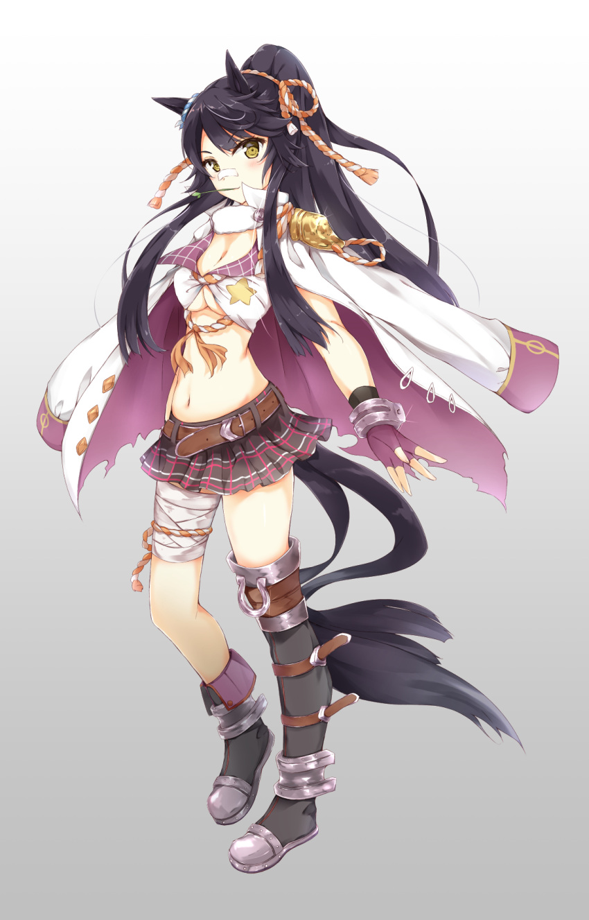 1girl animal_ears bandage bandaid bandaid_on_nose bangle belt black_hair boots bracelet breasts cleavage commentary_request ekusuy_kinoto fingerless_gloves full_body gloves highres horse_ears horse_tail jacket_on_shoulders jewelry large_breasts long_hair looking_at_viewer miniskirt narita_brian navel plaid plaid_skirt ponytail skirt solo stalk_in_mouth standing stomach tail umamusume yellow_eyes