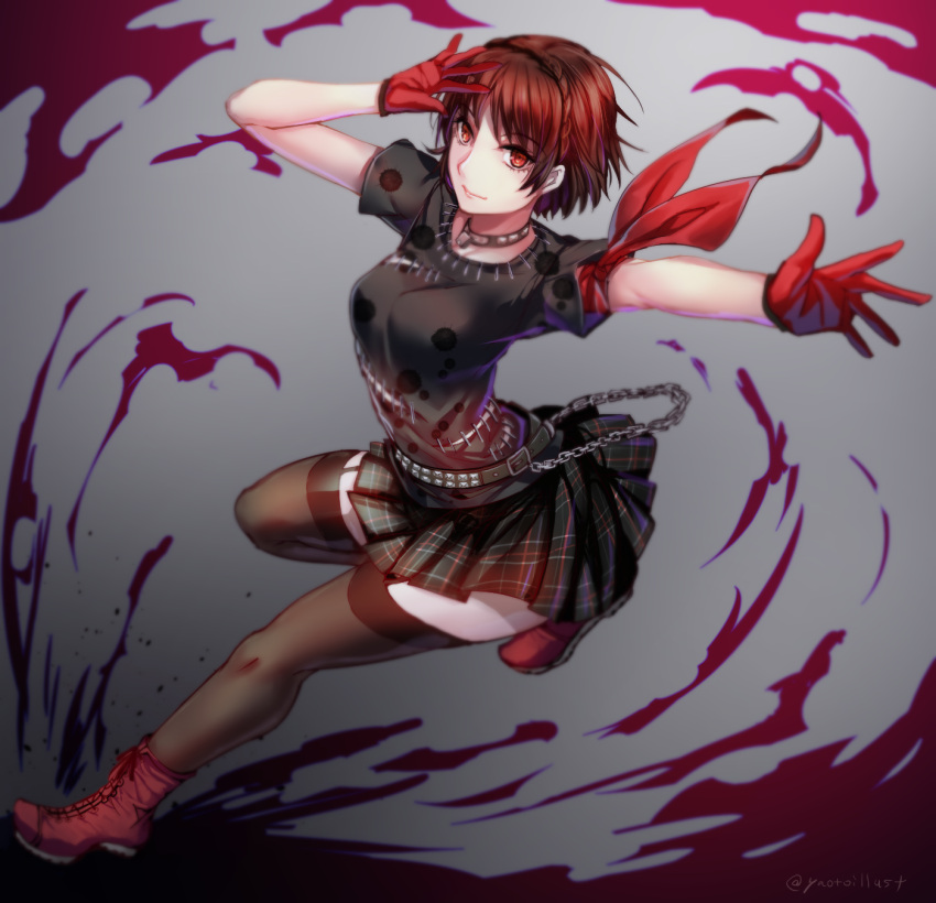 1girl arched_back arms_up bangs bare_arms belt braid brown_hair chains choker closed_mouth crown_braid foot_up full_body gloves highres looking_at_viewer niijima_makoto outstretched_arm outstretched_leg persona persona_5 persona_5:_dancing_star_night plaid plaid_skirt red_eyes red_footwear red_gloves shirt shoes short_hair short_sleeves skirt smile solo thigh-highs twisted_torso yaoto zettai_ryouiki