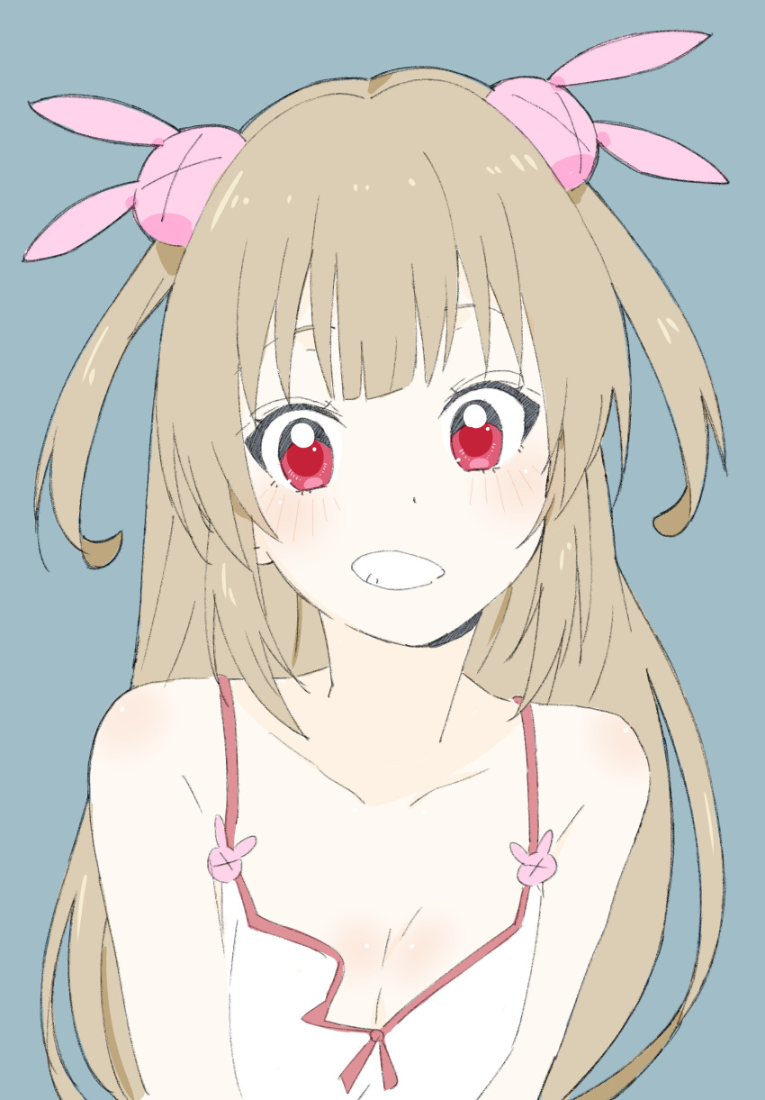 1girl absurdres bangs blush breasts camisole cleavage collarbone donguri_suzume grin hair_ornament hat hat_removed headwear_removed highres light_brown_hair long_hair looking_at_viewer natori_sana red_eyes sana_channel sleeveless small_breasts smile solo two_side_up virtual_youtuber