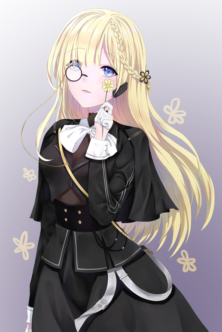 1girl bangs black_capelet black_jacket black_ribbon blonde_hair blue_eyes book braid breasts brown_shirt buttons capelet cz52_(girls_frontline) expressionless eyebrows_visible_through_hair eyes_visible_through_hair flower french_braid girls_frontline gloves gradient gradient_background hair_ornament hair_ribbon half_gloves head_tilt headset highres holding holding_flower ichita_(yixisama-shihaohaizhi) jacket kerchief large_breasts long_hair monocle open_mouth ribbon shirt sidelocks simple_background skirt sleeves_folded_up smile solo strap very_long_hair white_gloves white_neckwear