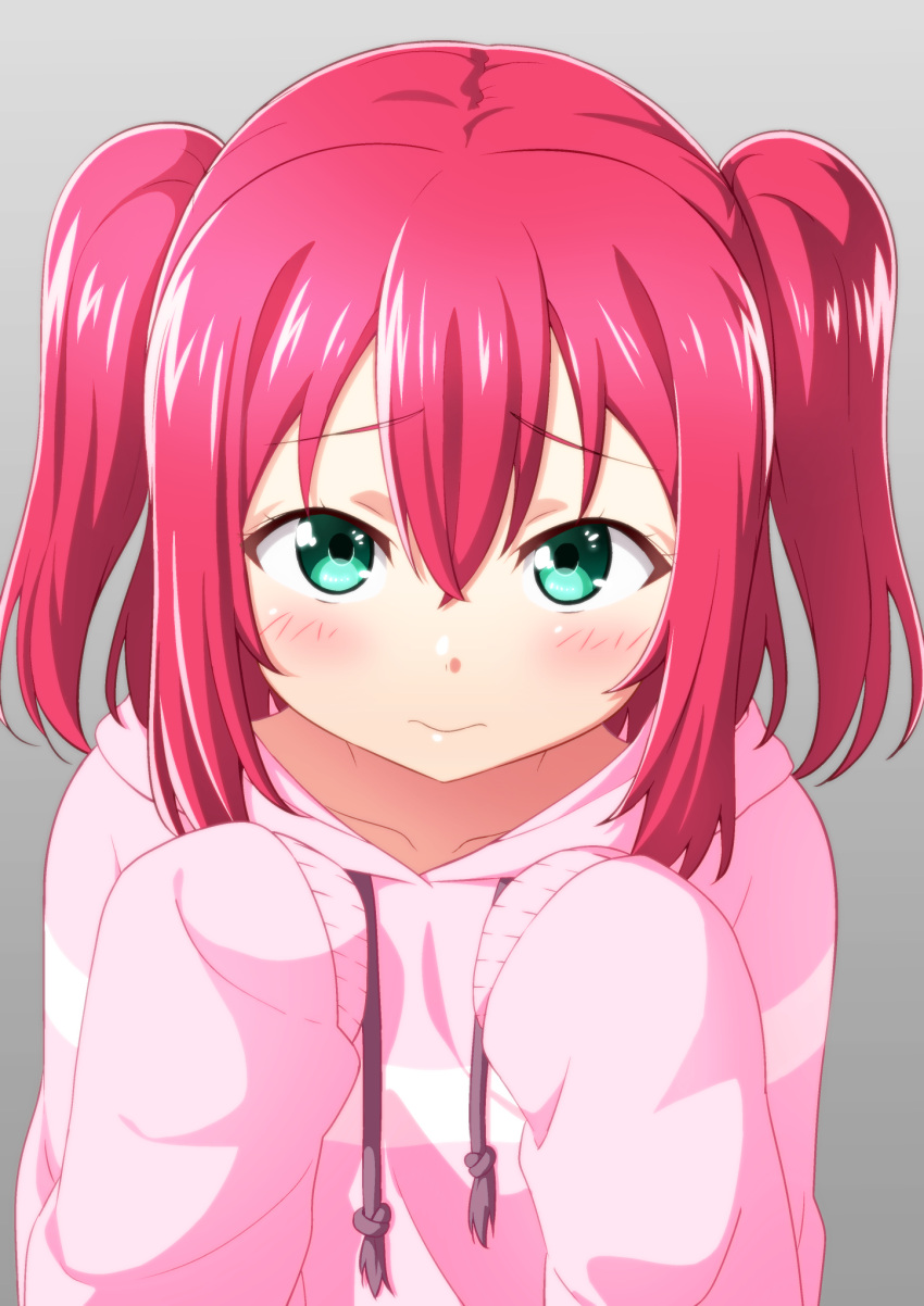 1girl aqua_eyes bangs blush collarbone commentary_request drawstring eyebrows_visible_through_hair grey_background hair_between_eyes highres hood hood_down hoodie kurosawa_ruby looking_at_viewer looking_up love_live! love_live!_sunshine!! omaehadareda-uso pink_hoodie pursed_lips sidelocks sleeves_past_wrists solo two_side_up upper_body