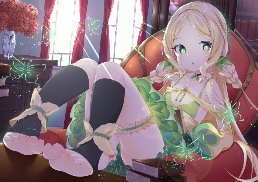 1girl book_stack bookshelf braid breasts bug butterfly chair curtains flower green_eyes green_skirt hair_ornament highres insect inside knees_up leaf_hair_ornament looking_at_viewer original sitting skirt small_breasts solo table thiana0225 thigh_strap toes twin_braids vase window