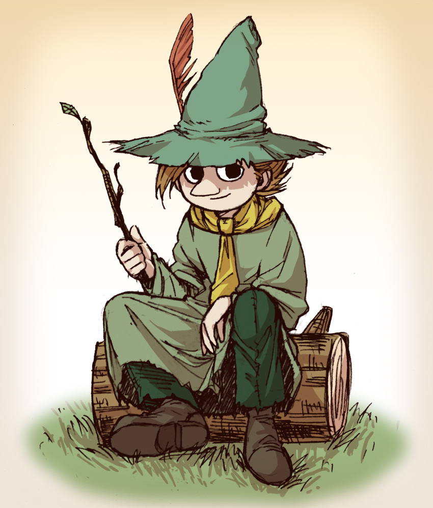 1boy brown_hair gradient gradient_background hat hat_feather highres log male_focus moomin sitting snufkin solo stick suzushiro_(suzushiro333) tunic witch_hat