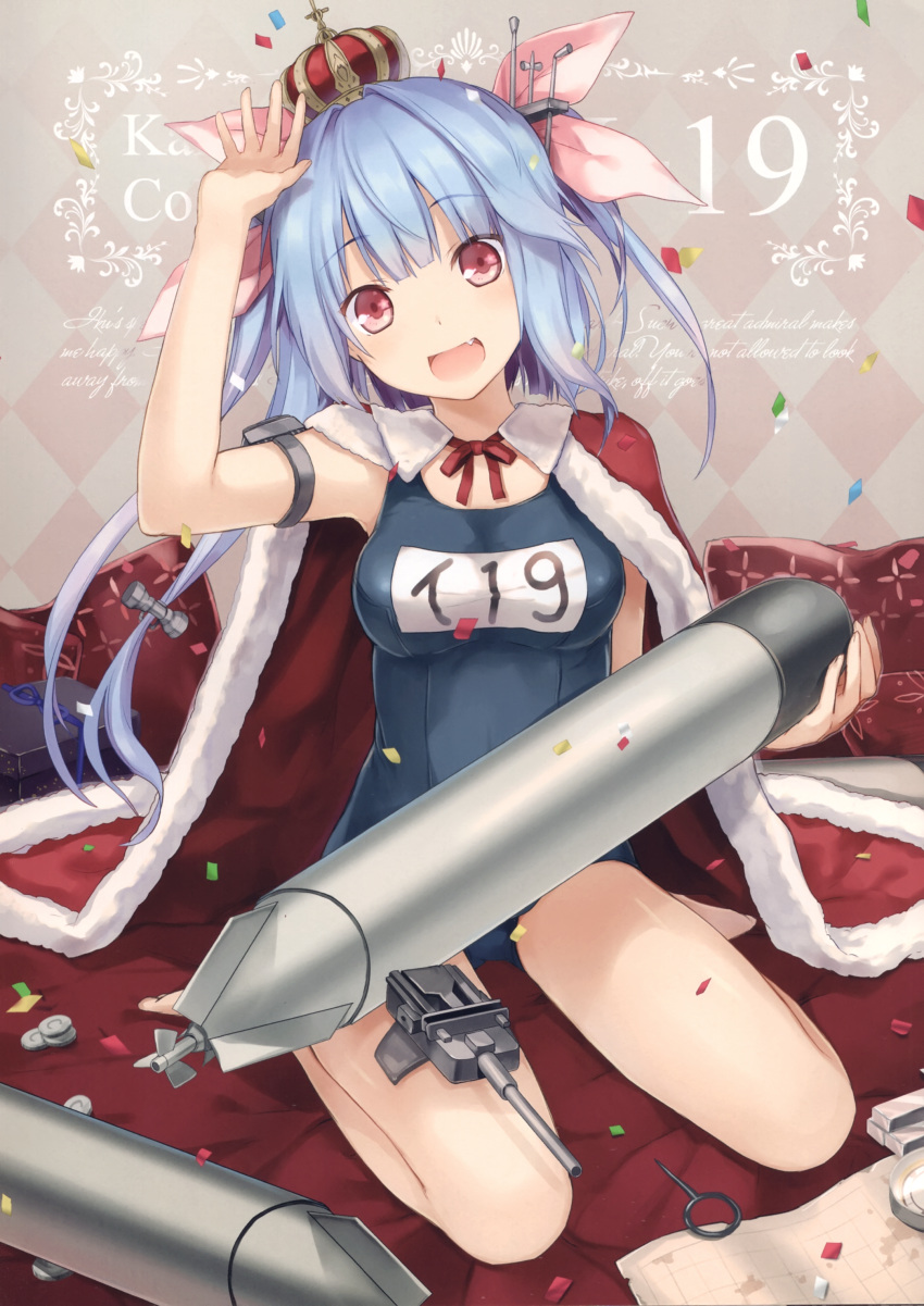 1girl 6u_(eternal_land) absurdres argyle argyle_background blue_eyes breasts cape character_name confetti crown fang highres i-19_(kantai_collection) kantai_collection kneeling long_hair looking_at_viewer medium_breasts mini_crown open_mouth red_eyes scan smile solo swimsuit torpedo weapon