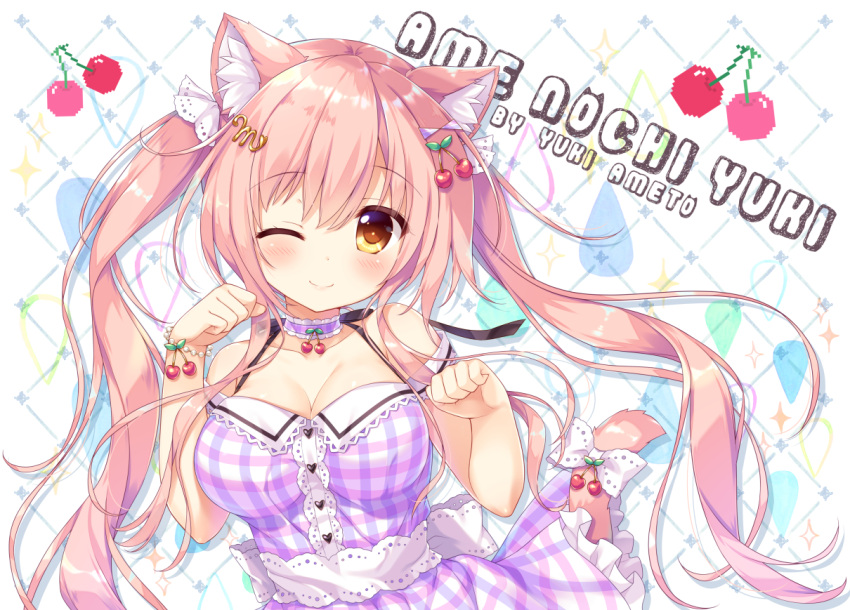 1girl ;) ameto_yuki animal_ears bangs bare_shoulders blush breasts brown_eyes cat_ears cat_girl cat_tail cherry_hair_ornament choker cleavage closed_mouth commentary_request dress eyebrows_visible_through_hair food_themed_hair_ornament hair_between_eyes hair_ornament hands_up head_tilt heart long_hair looking_at_viewer medium_breasts one_eye_closed original paw_pose pink_hair plaid plaid_dress purple_choker purple_dress smile solo sparkle tail twintails very_long_hair water_drop