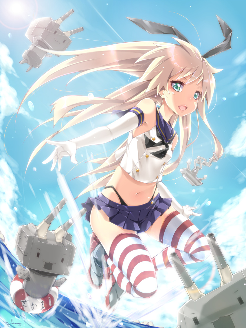 1girl anchor anchor_hair_ornament black_panties blonde_hair breasts crop_top elbow_gloves gloves green_eyes hair_ornament hairband highleg highleg_panties highres horizontal-striped_legwear horizontal_stripes innertube kantai_collection lifebuoy long_hair microskirt midriff miniskirt navel open_mouth panties rensouhou-chan sailor_collar school_uniform serafuku shimakaze_(kantai_collection) skirt striped striped_legwear thigh-highs thong turret underwear white_gloves yukinon_(tsuki_koubou)