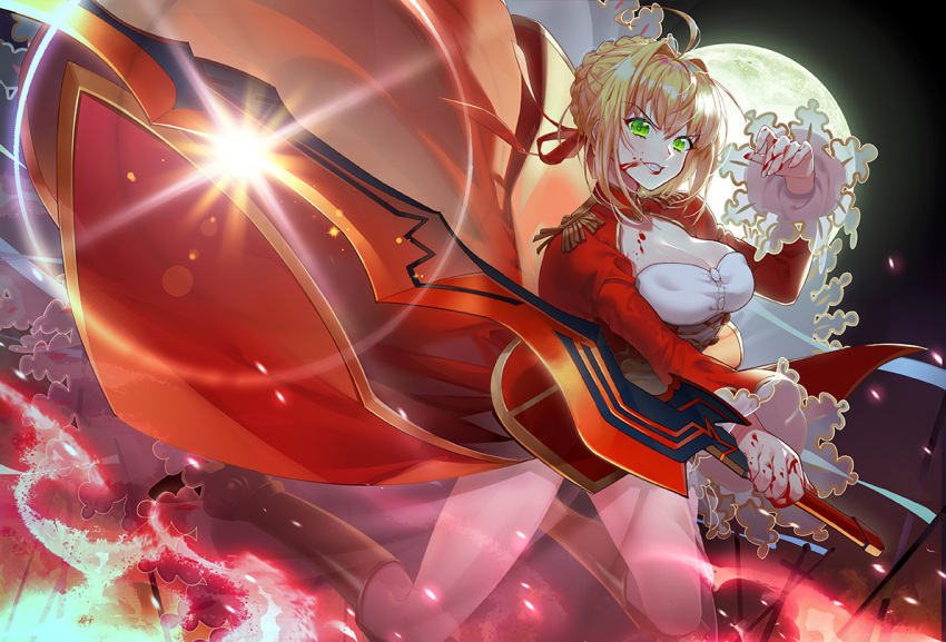 1girl aestus_estus ahoge bangs black_footwear blonde_hair blood blood_on_face blood_on_fingers boots braid breasts cleavage commentary_request dress epaulettes eyebrows_visible_through_hair fate/extra fate_(series) full_moon glint green_eyes grin hair_between_eyes hair_intakes holding holding_sword holding_weapon juliet_sleeves knee_boots long_hair long_sleeves looking_at_viewer medium_breasts moon nemovo nero_claudius_(fate) nero_claudius_(fate)_(all) puffy_sleeves red_dress see-through sidelocks smile solo sword weapon wide_sleeves