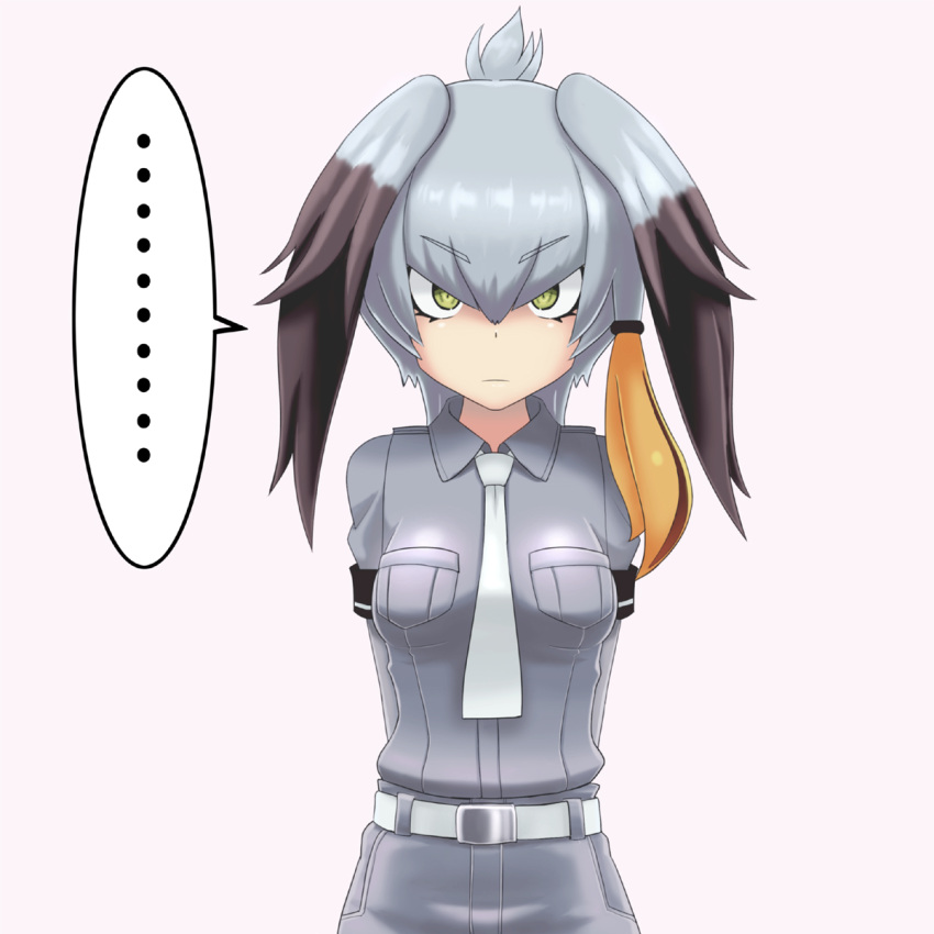 ... 1girl arms_behind_back bangs belt breast_pocket breasts commentary_request eyebrows_visible_through_hair green_eyes grey_hair grey_shirt hair_between_eyes head_wings highres kemono_friends looking_at_viewer low_ponytail multicolored_hair necktie pink_background pocket serious shirt shoebill_(kemono_friends) short_sleeves side_ponytail simple_background solo spoken_ellipsis staring two-tone_hair v-shaped_eyebrows white_neckwear winbee_(selkie)