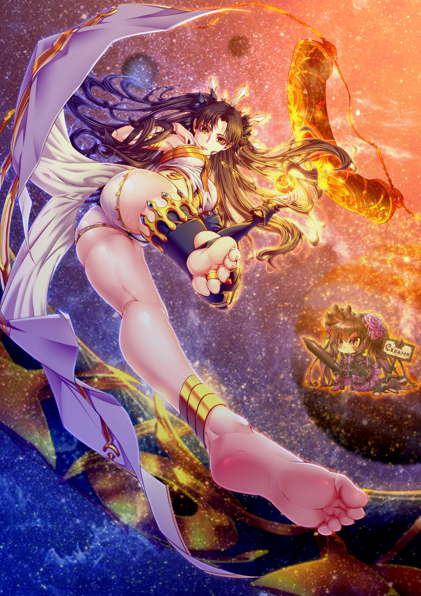 1girl absurdres anklet ass barefoot black_hair breasts elysion_(1624528315) fate/grand_order fate_(series) feet finger_to_mouth from_below full_body highres ishtar_(fate/grand_order) jewelry long_hair looking_at_viewer looking_down medium_breasts single_detached_sleeve single_thighhigh solo thigh-highs very_long_hair yellow_eyes