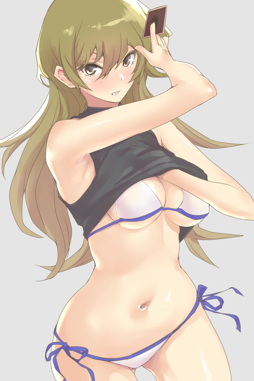 1girl bare_shoulders bikini bikini_under_clothes black_shirt blush breasts brown_eyes brown_hair card cleavage clenched_teeth cowboy_shot gluteal_fold grey_background hair_between_eyes hand_under_clothes highres holding holding_card lips long_hair looking_at_viewer medium_breasts navel nukkoru parted_lips shirt side-tie_bikini simple_background sleeveless sleeveless_shirt solo string_bikini swimsuit teeth tenjouin_asuka under_boob white_bikini yu-gi-oh! yuu-gi-ou_gx