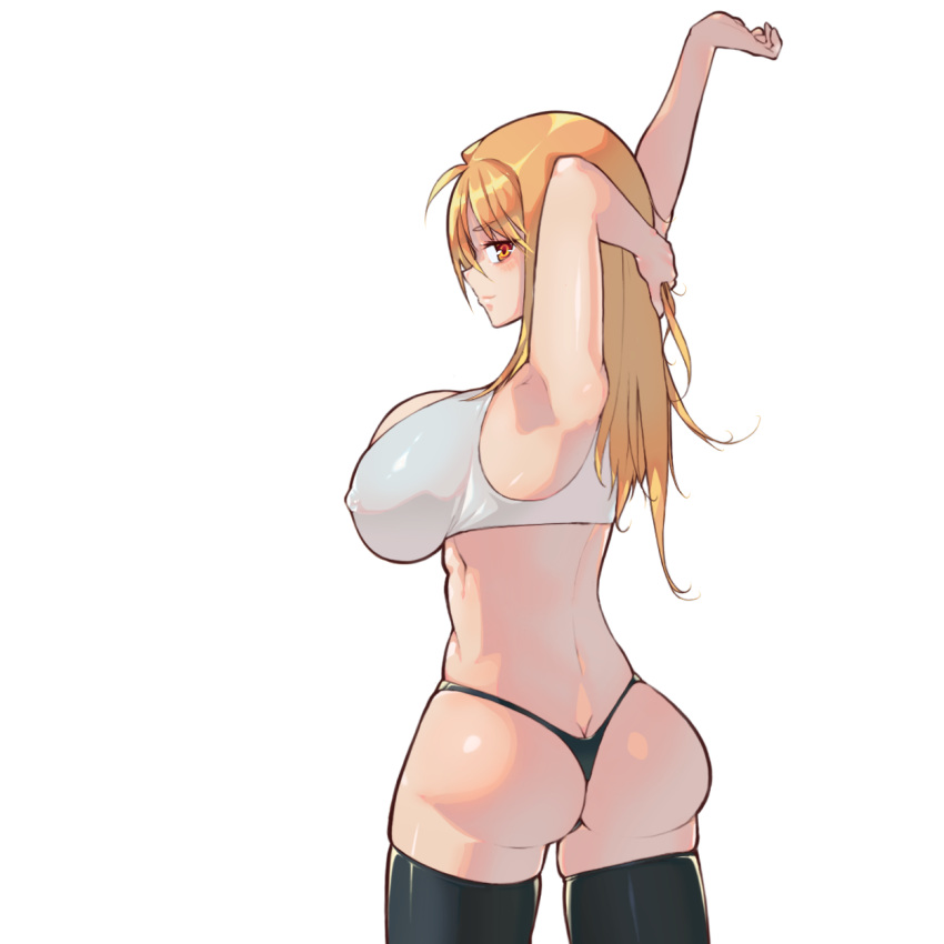 1girl arm_up armpits ass back black_legwear black_panties bra breasts cleavage cowboy_shot erect_nipples eyebrows_visible_through_hair from_behind highres hikaru_ga_chikyuu_ni_itakoro large_breasts light_smile long_hair looking_at_viewer looking_back orange_eyes outline panties puffy_nipples shikibu_honoka shiny shiny_clothes shiny_hair shiny_skin sima_(startwitch) simple_background skindentation solo sports_bra stretch thigh-highs thong toned underwear underwear_only white_background white_bra