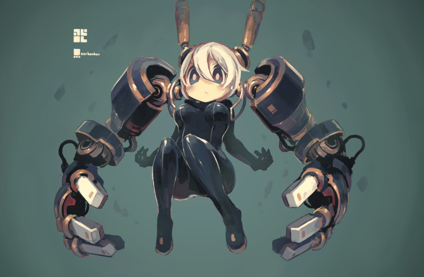 1girl :&lt; absurdres black_bodysuit black_eyes bodysuit breasts cable commentary_request exoskeleton eyebrows_visible_through_hair full_body hair_between_eyes headgear highres mecha_musume mechanical_arms medium_breasts original sakamoto_ahiru shiny shiny_clothes short_hair skin_tight solo v-shaped_eyebrows white_hair white_pupils