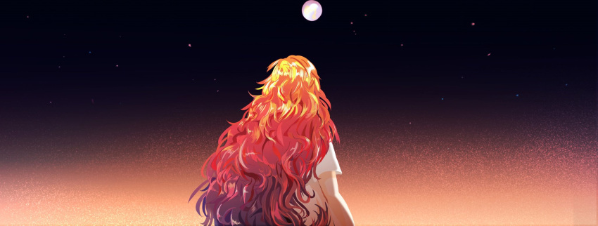 1other androgynous crystal_hair facing_away from_behind full_moon gem_uniform_(houseki_no_kuni) highres houseki_no_kuni jingsan_mari long_hair moon night night_sky padparadscha_(houseki_no_kuni) redhead shirt short_sleeves sky solo star_(sky) very_long_hair wavy_hair white_shirt