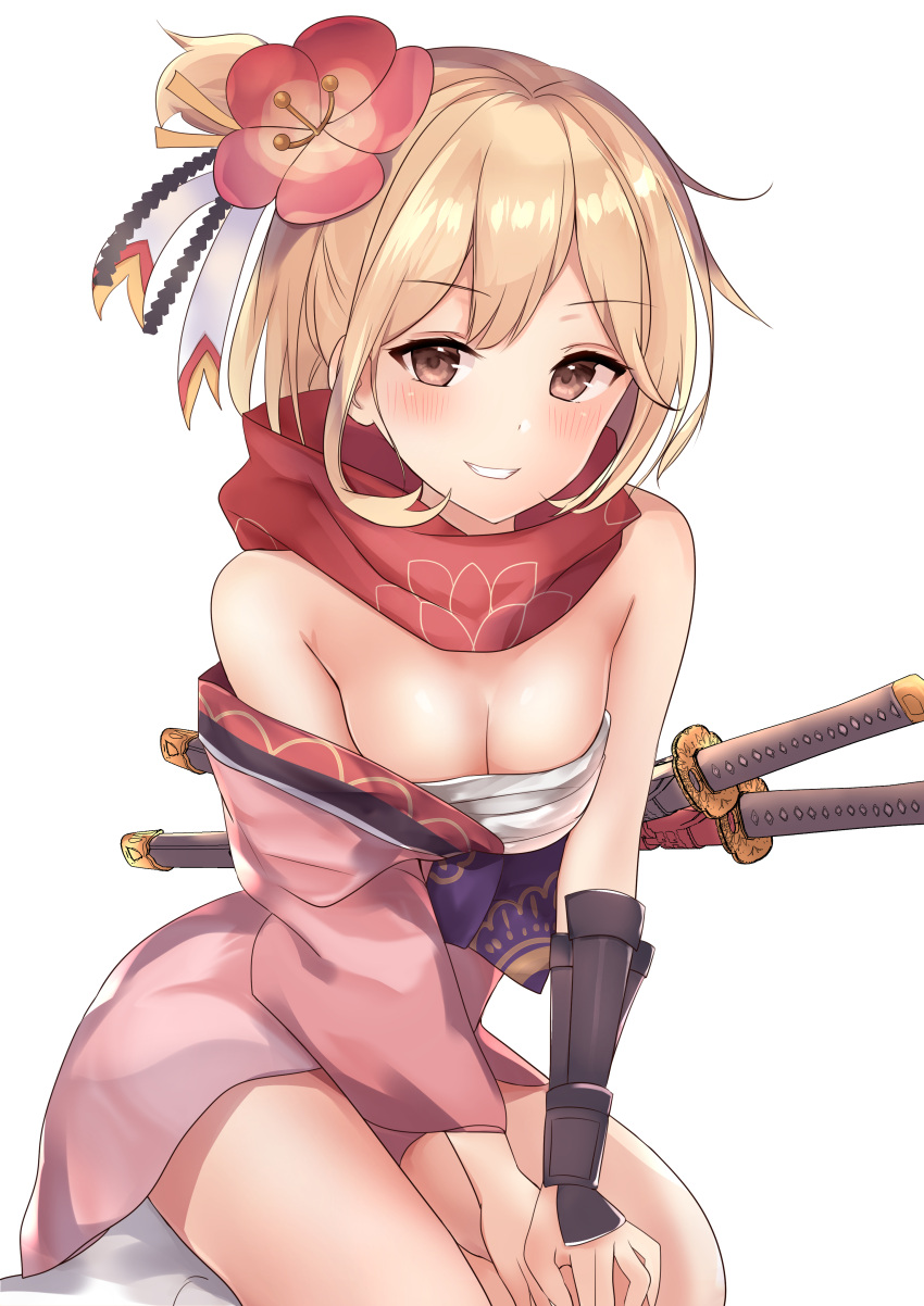1girl absurdres arm_guards bangs bare_shoulders blonde_hair blush breasts brown_eyes cleavage commentary_request djeeta_(granblue_fantasy) eyebrows_visible_through_hair flower granblue_fantasy grin hair_flower hair_ornament highres japanese_clothes katana kimono long_sleeves natsu_(sinker8c) parted_lips pink_kimono red_flower red_scarf sarashi scarf sheath sheathed simple_background sitting small_breasts smile socks solo sword weapon white_background white_legwear wide_sleeves