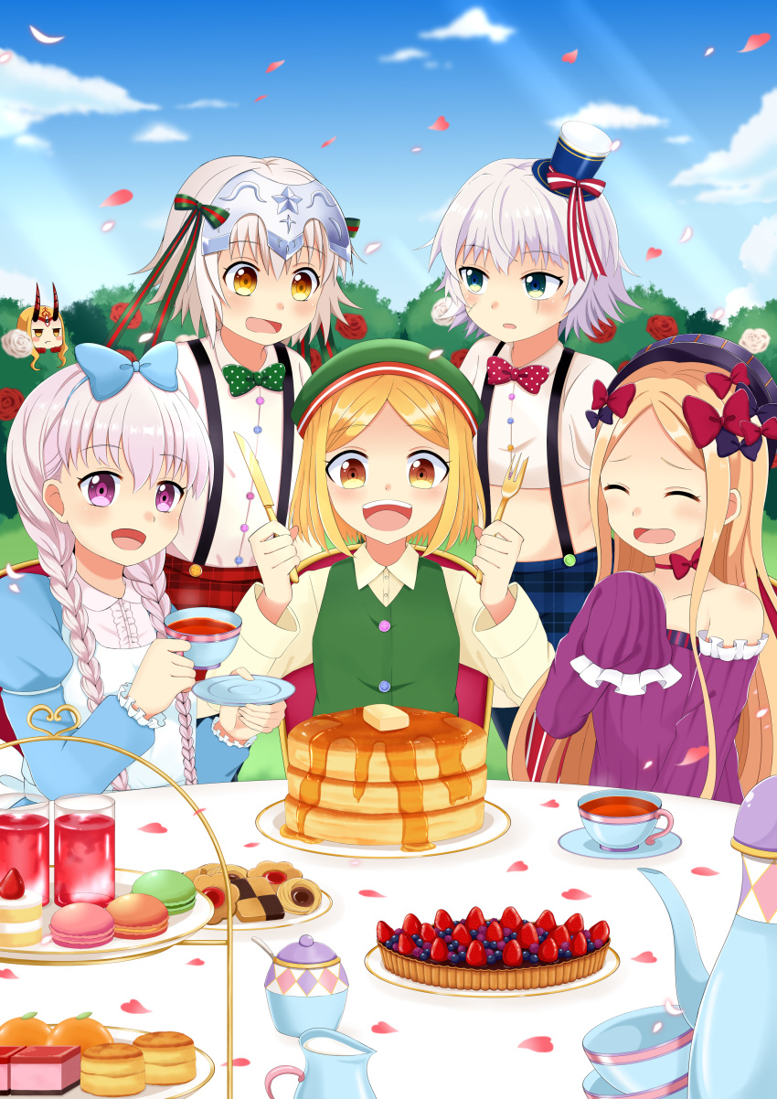 6+girls :d ^_^ abigail_williams_(fate/grand_order) absurdres alternate_costume apron bangs bare_shoulders beret blonde_hair blue_bow blue_dress blue_hat blue_skirt blue_sky blueberry blush blush_stickers bow brown_eyes bush butter center_frills checkerboard_cookie closed_eyes clouds collarbone collared_shirt commentary_request cookie crop_top cup day detached_sleeves dress dress_shirt drinking_glass eyebrows_visible_through_hair facial_mark fang fang_out fate/extra fate/grand_order fate_(series) flower food forehead forehead_mark fork frills fruit green_bow green_eyes green_hat green_ribbon green_vest hair_between_eyes hair_bow hands_up hat headpiece highres holding holding_cup holding_fork holding_knife horns ibaraki_douji_(fate/grand_order) jack_the_ripper_(fate/apocrypha) jeanne_d'arc_(fate)_(all) jeanne_d'arc_alter_santa_lily jitome juliet_sleeves knife long_hair long_sleeves looking_at_another looking_at_viewer macaron midriff milk mini_hat mini_top_hat moyashi_(momoyashi_321) multiple_girls nursery_rhyme_(fate/extra) oni oni_horns open_mouth outdoors pancake parted_bangs parted_lips paul_bunyan_(fate/grand_order) petals pink_shirt plaid plaid_skirt polka_dot polka_dot_bow puffy_short_sleeves puffy_sleeves purple_bow purple_dress purple_hat red_bow red_flower red_ribbon red_rose red_skirt ribbon rose rose_bush saucer shirt short_sleeves silver_hair skirt sky sleeves_past_fingers sleeves_past_wrists smile stack_of_pancakes strapless strapless_dress strawberry striped striped_bow striped_ribbon suspender_skirt suspenders syrup table teacup teapot tiered_tray top_hat unmoving_pattern upper_teeth very_long_hair vest white_apron white_flower white_rose white_shirt yellow_shirt