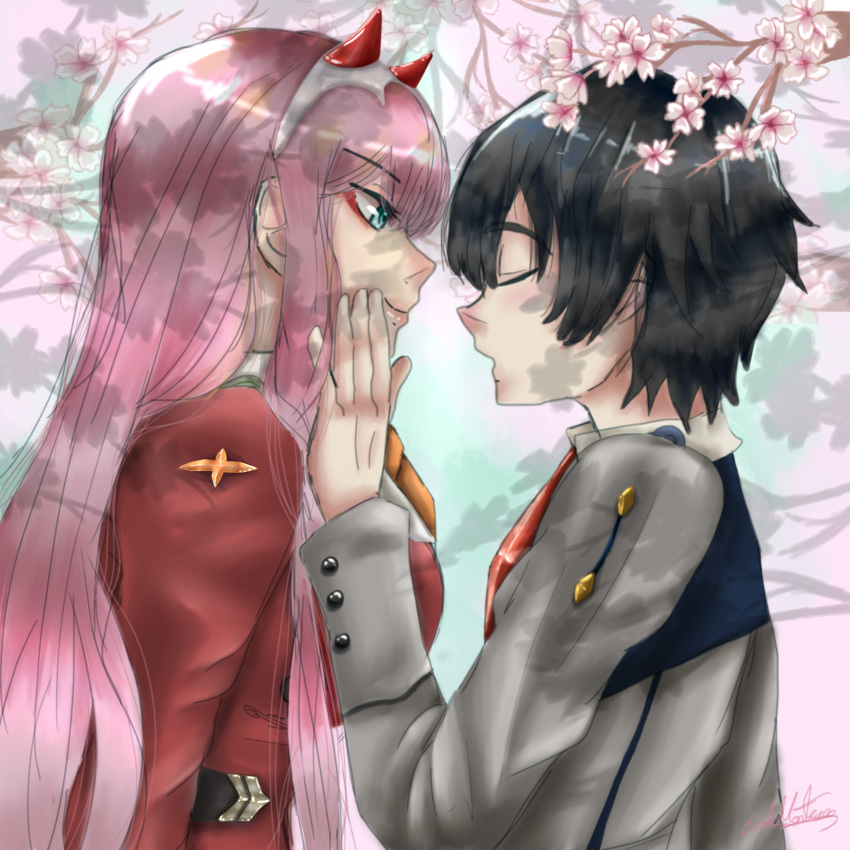 1boy 1girl bangs black_hair breasts cherry_blossoms closed_eyes couple darling_in_the_franxx emiliemilimontesco eyebrows_visible_through_hair face-to-face facing_another flower green_eyes hair_ornament hairband hands_on_another's_face hetero highres hiro_(darling_in_the_franxx) horns large_breasts long_hair long_sleeves looking_at_another military military_uniform necktie oni_horns orange_neckwear pink_hair red_horns red_neckwear short_hair signature uniform white_hairband zero_two_(darling_in_the_franxx)