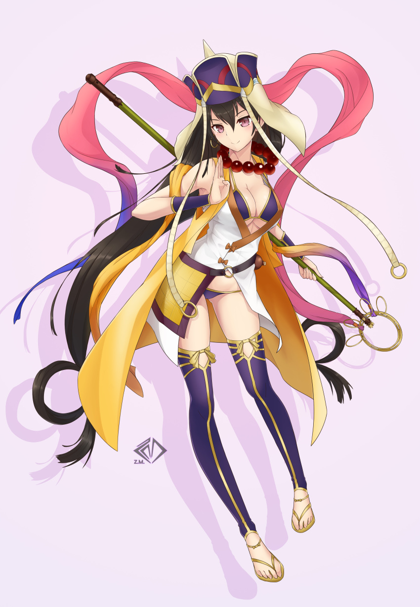 1girl absurdres bead_necklace beads bikini bikini_top breasts bridal_gauntlets brown_hair cleavage earrings fate/grand_order fate_(series) gourd hair_between_eyes hat highres hoop_earrings jewelry large_breasts necklace prayer_beads purple_bikini red_eyes sandals sleeveless solo staff swimsuit thigh-highs xuanzang_(fate/grand_order) z.m._(school913102)