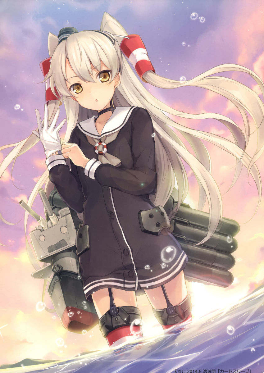 1girl 6u_(eternal_land) absurdres adjusting_clothes adjusting_gloves amatsukaze_(kantai_collection) bangs brown_eyes buttons clouds cloudy_sky collarbone eyebrows_visible_through_hair flat_chest garter_straps gloves highres kantai_collection long_hair looking_at_viewer open_mouth partially_submerged scan sky sunset thigh-highs water white_gloves zettai_ryouiki