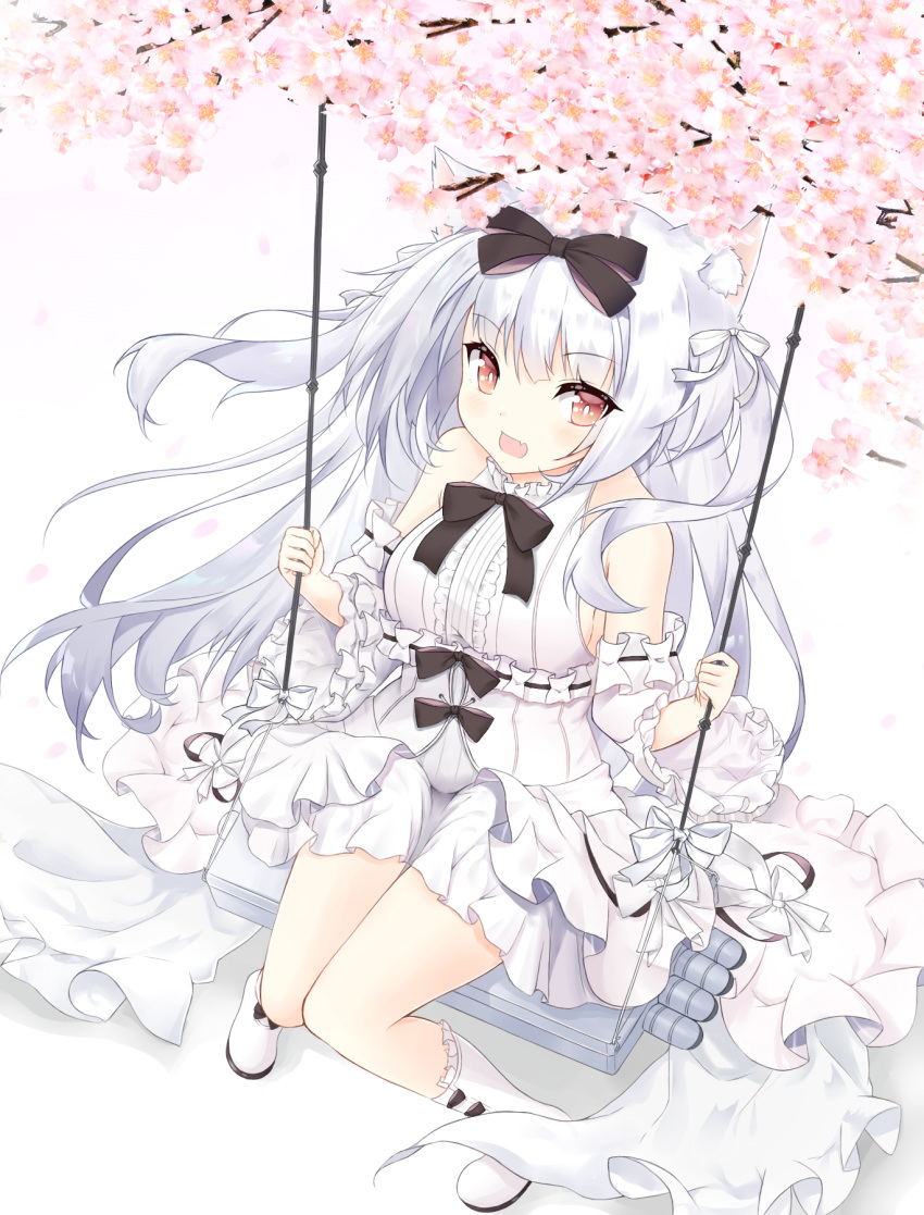 1girl :d animal_ears azur_lane bangs bare_shoulders black_bow boots bow breasts brown_eyes cat_ears center_frills cherry_blossoms commentary_request dress eyebrows_visible_through_hair fang flower frills hair_between_eyes hair_bow highres holding knee_boots long_hair long_sleeves looking_at_viewer medium_breasts mentai_mayo off-shoulder_dress off_shoulder open_mouth pink_flower silver_hair simple_background sitting smile solo swing tree_branch two_side_up very_long_hair white_background white_bow white_dress white_footwear wide_sleeves yukikaze_(azur_lane)