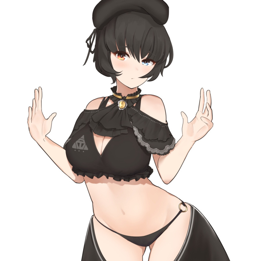 1girl bangs black_hair black_hat black_panties blue_eyes bra breasts brown_eyes frilled_bra frills hands_up hat heterochromia highres looking_at_viewer midriff navel o-ring_bottom original panties short_hair simple_background solo standing tokai_vanilla underwear white_background