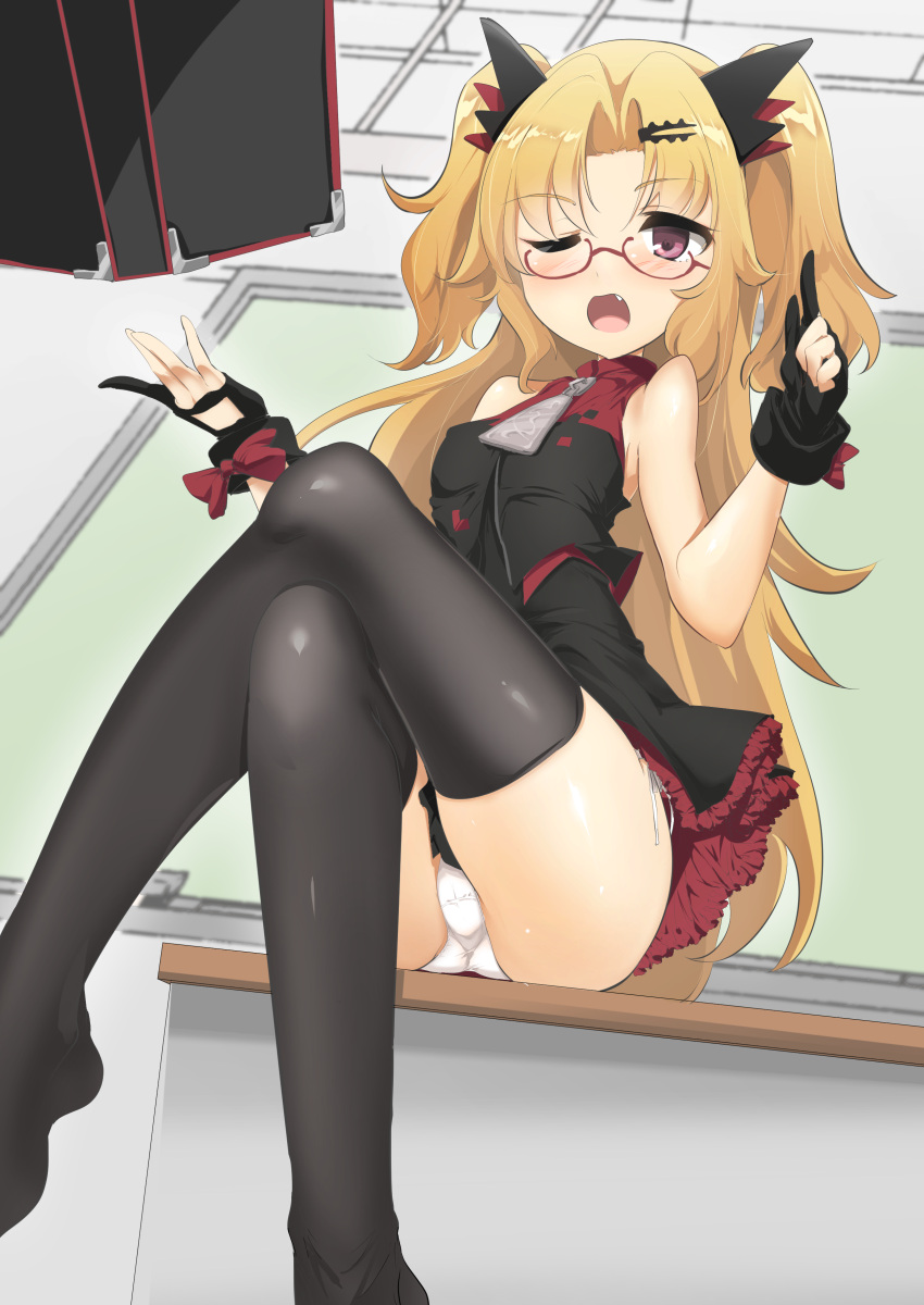 1girl absurdres akatsuki_yuni ass bangs bare_shoulders black_dress black_gloves black_legwear blonde_hair blurry blurry_background blush breasts classroom commentary_request depth_of_field desk dress eyebrows_visible_through_hair fang glasses gloves hair_ornament hairclip hand_up highres index_finger_raised indoors legs_crossed long_hair looking_at_viewer momio no_shoes one_eye_closed open_mouth panties parted_bangs partly_fingerless_gloves red-framed_eyewear semi-rimless_eyewear side-tie_panties sleeveless sleeveless_dress small_breasts solo thigh-highs two_side_up under-rim_eyewear underwear uni_channel very_long_hair violet_eyes virtual_youtuber white_panties zipper_pull_tab