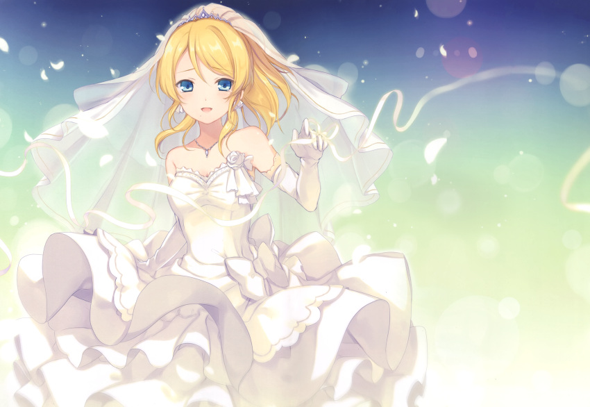 1girl 6u_(eternal_land) absurdres ayase_eli bangs blonde_hair blue_eyes blush breasts bridal_veil closed_mouth collarbone dress earrings eyebrows_visible_through_hair gloves hair_ornament highres huge_filesize jewelry love_live! love_live!_school_idol_project medium_breasts petals scan solo strapless strapless_dress veil wedding_dress white_dress white_gloves