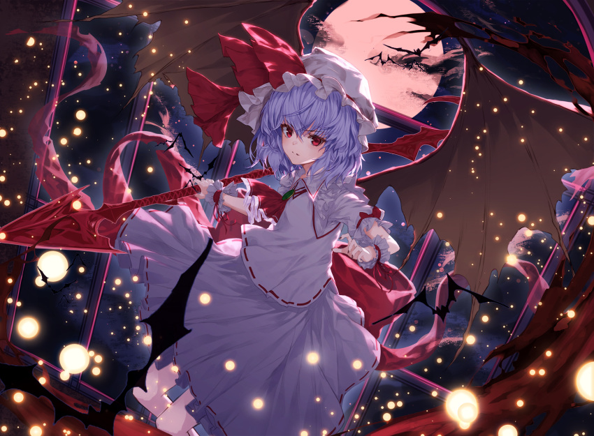 1girl ascot bat_wings blue_hair bow brooch commentary_request dress eyebrows_visible_through_hair hair_between_eyes hat hat_ribbon highres holding holding_weapon jewelry light_particles lo-ta looking_at_viewer mob_cap moon nail_polish night night_sky polearm puffy_short_sleeves puffy_sleeves red_bow red_eyes red_moon red_nails red_neckwear red_ribbon remilia_scarlet ribbon short_hair short_sleeves sky solo spear spear_the_gungnir touhou v-shaped_eyebrows weapon white_dress white_hat wings wrist_cuffs