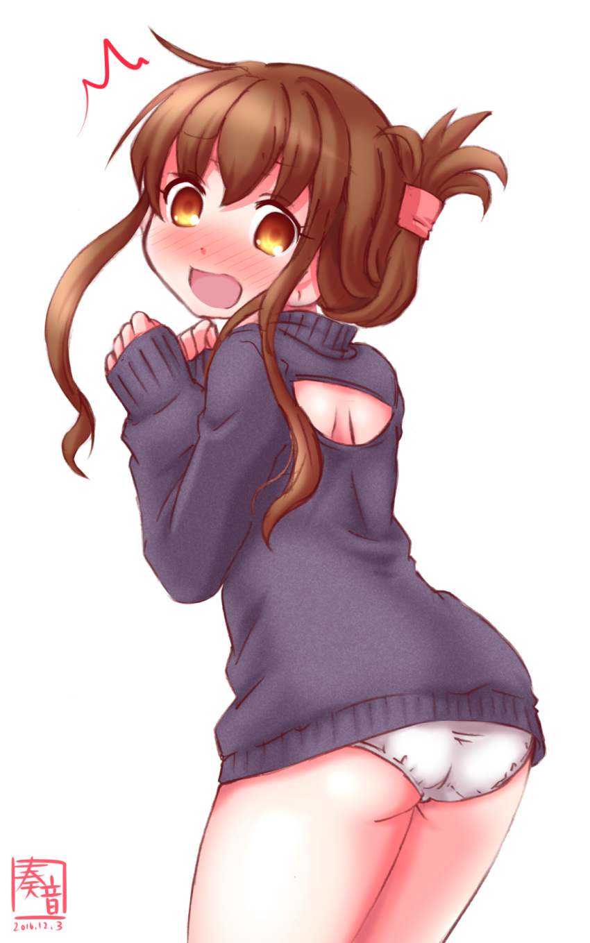 /\/\/\ 1girl ass back_cutout black_sweater blush brown_eyes brown_hair cowboy_shot embarrassed eyebrows_visible_through_hair folded_ponytail from_behind frown highres inazuma_(kantai_collection) kanon_(kurogane_knights) kantai_collection long_hair looking_at_viewer looking_back no_pants open_mouth panties simple_background solo standing sweater underwear white_background white_panties